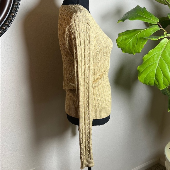 Ralph Lauren Women’s V-Neck Gold Metallic Cable Knit Silk Blend Sweater Large - Picture 5 of 15